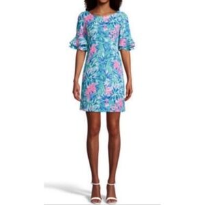 Pappagallo Erika Tropical Print Ruffle Sleeve Shift Dress Preppy Resort Coastal